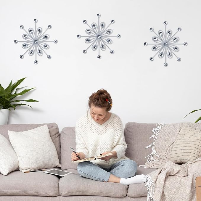 hogardeck Metal Flower Wall Decor, 3pcs 9" Silver Metal Jeweled Wall Art Bling Crystal Home Décor, Sun Burst Rhinestone Hanging Diamond Accents for for Indoor, Outdoor, Living Room, Bedroom