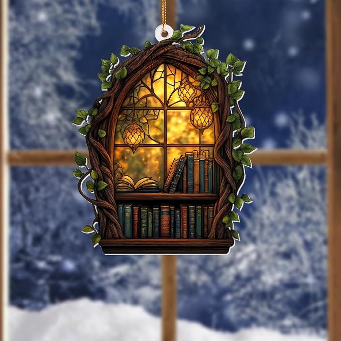 Gothic Window Book Ornament – Stained Glass Style Acrylic Christmas Ornament with Books & Ivy, Fantasy Home Décor, Book Lover Gifts for Women, Teacher & Librarian Holiday Decoration(Sun-19)