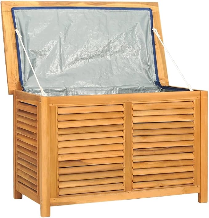 Deck Box Indoor Outdoor Storage Container Furniture with Bag, Patio Storage Box Bin Organizer for Garden Tools, 35.4"x19.7"x22.8" Solid Wood Teak