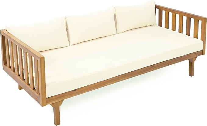 Christopher Knight Home Claremont Patio Sofa and Coffee Table Set, 2 Piece Outdoor Patio Furniture Set with Cushion, Acacia Wood 3 Seater Outdoor Sofa Daybed and Coffee Table Set, Teak+Beige
