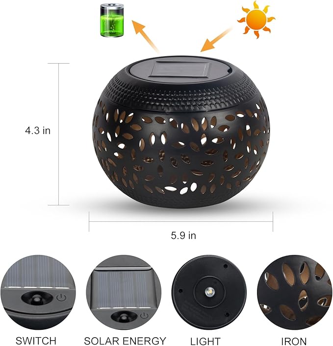 Solar Table Light Outdoor Waterproof Decorative Solar Table Lantern | Hollowed-Out Black Metal Desktop Decorative Lamp for Women Mother's Day, Outside Garden Yard Patio & Indoor Tabletop Decor