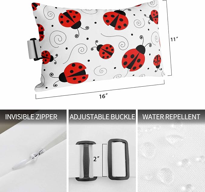 Red Ladybug Seamless Chaise Lounge Head Pillow, Funny Cartoon Animal Waterproof Outdoor Chair Pillow with Strap&Insert for Garden Beach Pool Recliner, 11x16in, 1PCS
