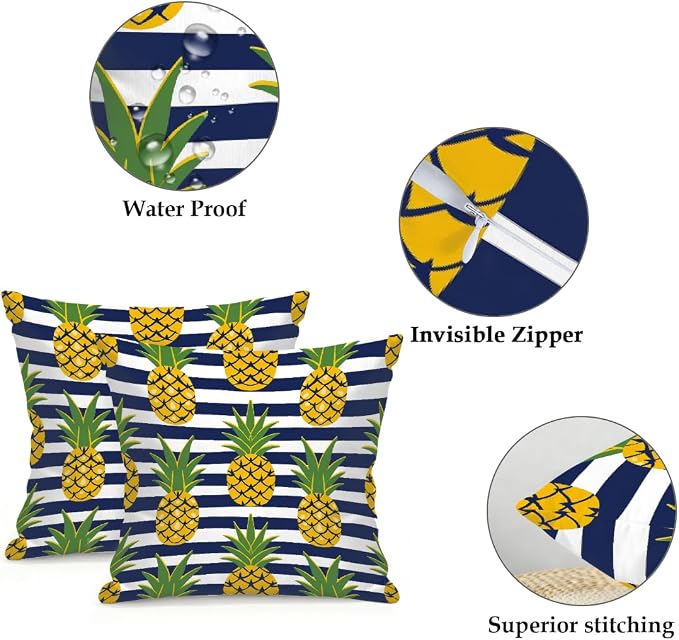 16x16 Inch Outdoor Pillow Covers Set of 2 Waterproof Throw Pillow Covers Decorative Couch Cushion Covers Pineapples Black Stripes Square Pillowcases Protectors for Patio Garden Sofa