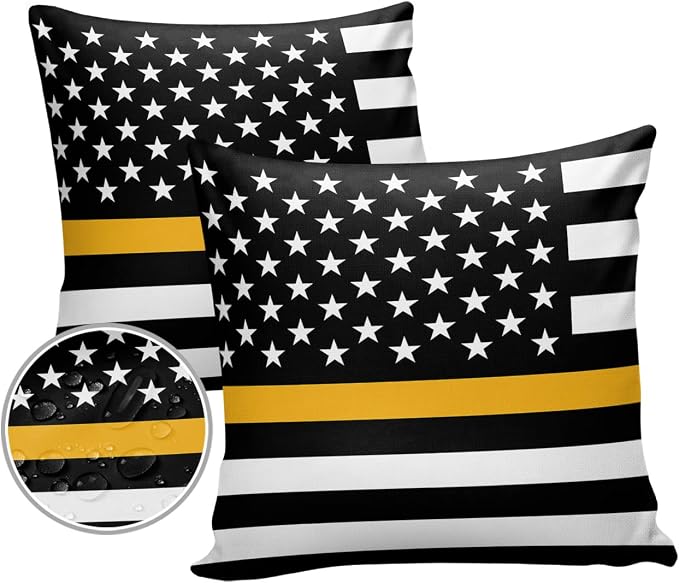 Outdoor Waterproof Pillow Covers Set of 2, Thin Gold Line Dispatchers Dispatch Communications Officer American Flag Patio Throw Pillow Covers, Decorative Cushion Case for Sofa Furniture, 16x16 Inch