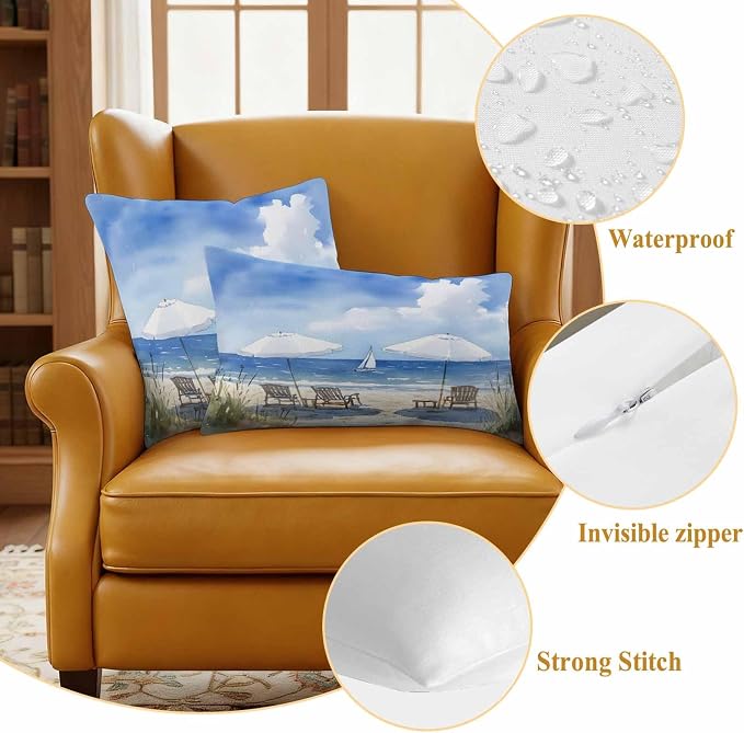 Watercolor Summer Beach Outdoor Waterproof Throw Pillow Covers Set of 2, 20"x12", Sun Umbrella Beach Chair Decorative Pillow Covers Outside Cushion Case for Patio Porch Garden