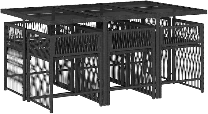 7 Piece Patio Dining Set with Cushions Black Poly Rattan Outdoor Table and 6 Folding Chairs UV-Proof Tempered Glass Top Cream White Seat Pads for Garden Backyard Deck Entertaining
