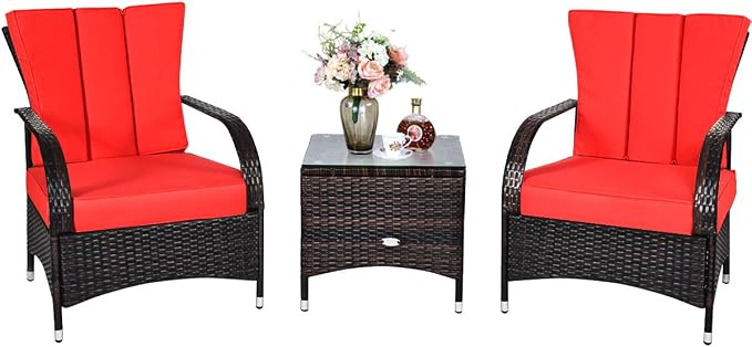 Tangkula 3-Piece Patio Conversation Set, Outdoor Wicker Furniture Set, Rattan Coffee Table & Chairs Set with Cushions, Outdoor Conversation Set for Garden Balcony Backyard (Red)