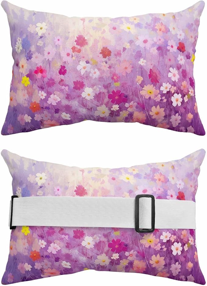 Chaise Lounge Head Resting Pillows,Spring Abstract Watercolor Purple Flowers Outdoor Chaise Pillows,Waterproof Patio Furniture Pillows with Insert and Adjustable Elastic Strap for Beach Chair