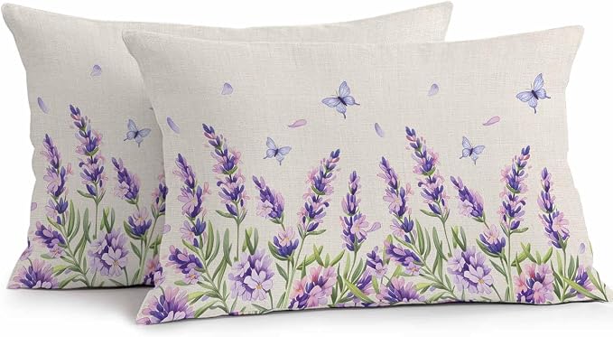 Vandarllin Outdoor Throw Pillows Covers 20x12 inch Set of 2 Waterproof Purple Lavender Flower Decorative Zippered Cushion Covers for Patio Furniture, Butterfly Floral Linen Lumbar Pillowcases