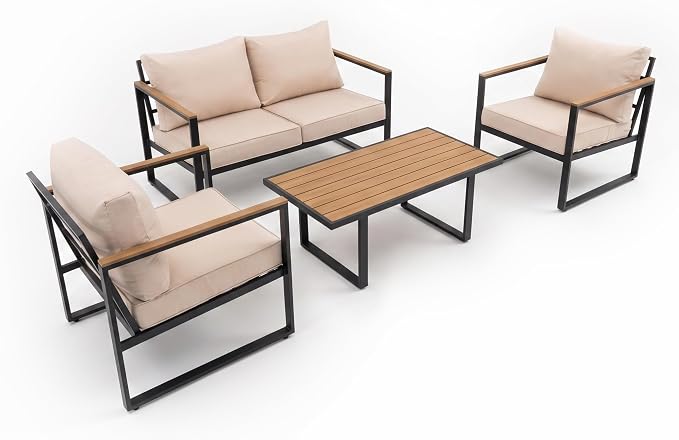Modern Patio Furniture Set, 4 Pieces Outdoor Conversation Set with Coffee Table, Metal Patio Furniture with 4" Washable Foam Cushions, Ships in 1 Box, Beige