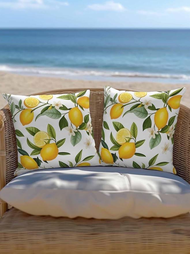 Outdoor Waterproof Throw Pillows Watercolor Lemon Green Leaves Flower Patio Pillows Pack of 2,Decorative Pillow Covers with Insert,Pillow Cushion Case for Garden Couch Sofa Farm Fruit Harvest