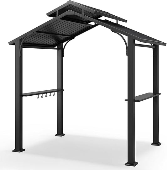 Jocoveol 8 x 5FT Hardtop Grill Gazebo, Outdoor BBQ Gazebo w/Galvanized Steel Double Roof, Metal Grill Canopy w/2 Side Shelves & Hooks, Barbeque Shelter Canopy w/Ceiling Hook for Patio Backyard Garden