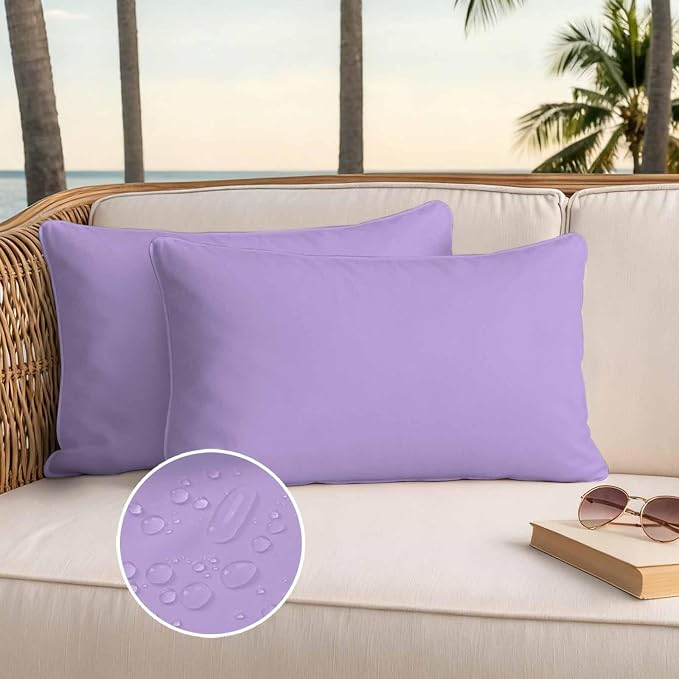 Minimalist Solid Color Outdoor Waterproof Throw Pillow Covers Set of 2, 20"x12", Pure Lavender Purple Simple Decorative Pillow Covers Outside Cushion Case for Patio Porch Garden