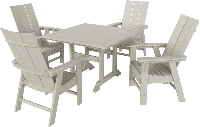 WestinTrends Ashore 5 Pieces Adirondack Patio Dining Set, All Weather Poly Lumber Slatted Modern Farmhouse Outdoor Furniture Set, 43" Trestle Square Table and 4 Adirondack Dining Chair, Sand