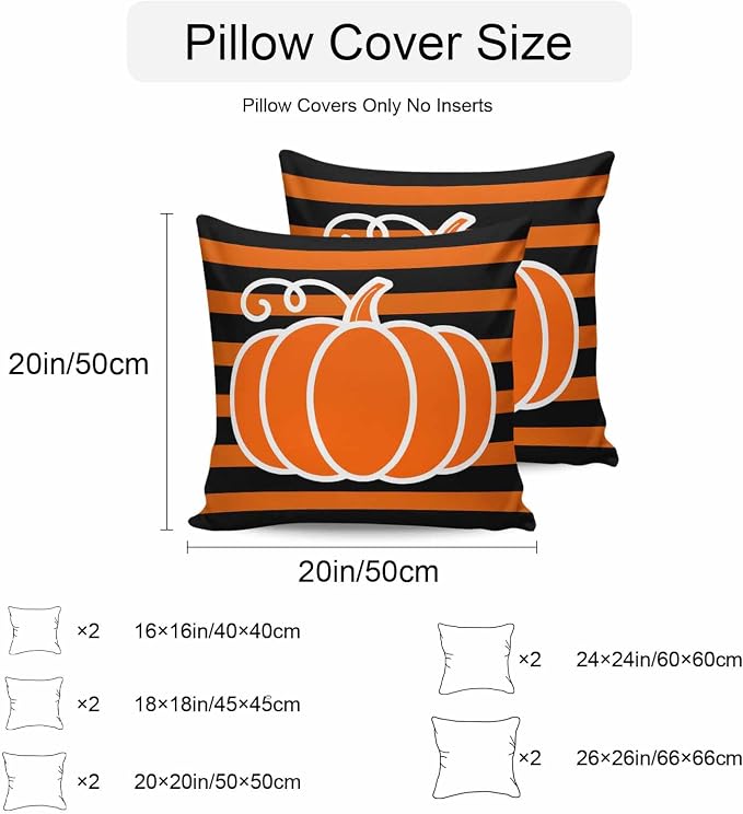 Orange Pumpkins Outdoor Waterproof Pillow Covers, Autumn Black Stripes Farmhouse Decorative Square Throw Pillowcase Sofa Cushion Sham for Patio/Couch/Chair, 20"x20" 2 Pack
