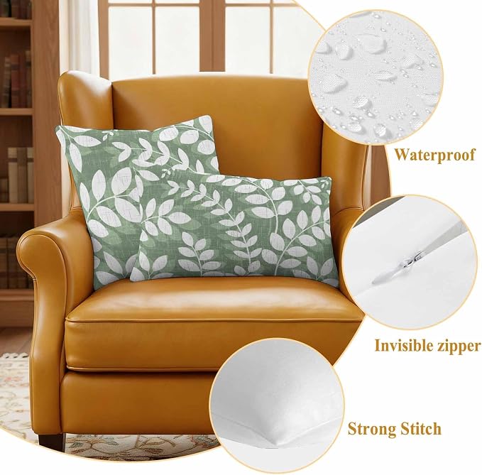 Green Leaves Outdoor Waterproof Throw Pillow Covers 16x16 Set of 2, Farmhouse Botanical Branch Vintage Boho Leaf Decorative Pillowcases Cushion Pillowcase for Couch Sofa Patio Outside Pillow Protector
