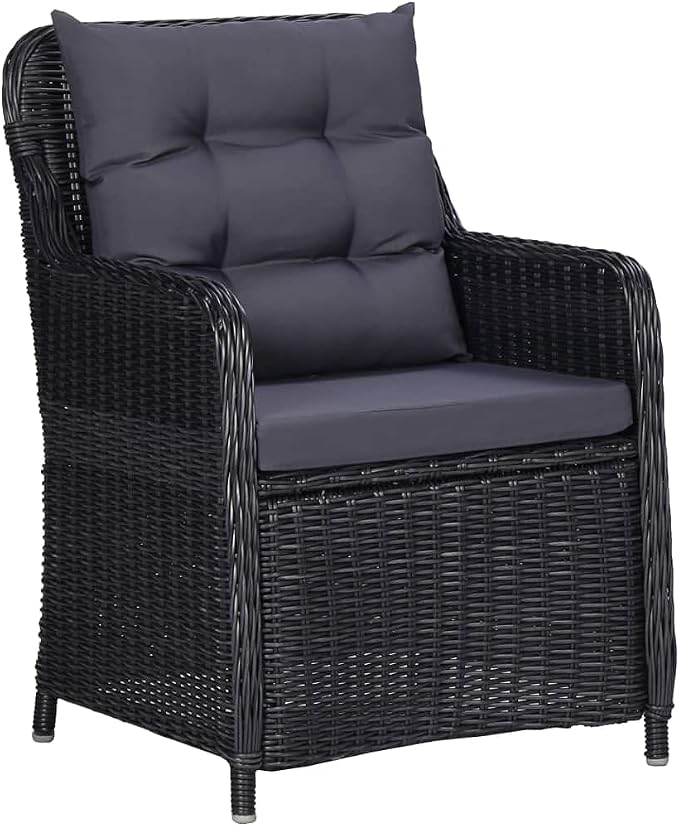 7 Piece Patio Dining Set Black Outdoor Dining Table with 6 Chairs PE Rattan Steel Frame Weatherproof Glass Top for Garden Backyard Lawn Deck Entertaining
