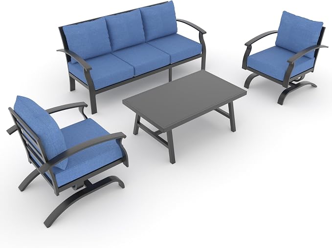 Metal Patio Furniture Set,4 Pieces 5 Seats Patio Sectional Outdoor Furniture Set with Rectangular Coffee Table,Patio Conversation Sets with 5.1" Thickened Cushions,Navy BlueNavy Blue