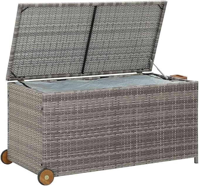 Poly Rattan Garden Storage Box with Wheels, 47.2x25.6x24 Inch Waterproof Deck Box for Patio, Cushion Storage with Inner Bag and Wooden Handle