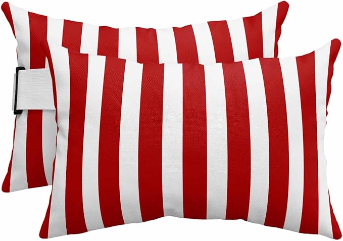 Red Striped Outdoor Chaise Lounge Head Pillow with Insert,Christmas Farmhouse Red White Stripes Waterproof Headrest Lumbar Pillow Cusion Cover with Elastic Strap for Patio Beach Recliner,11"x16" 2PCS