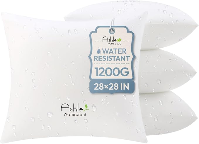 Outdoor Pillows 28 X 28 Pillow Inserts Pack of 4, Water-Resistant Decorative Premium Square Pillow Stuffer Sham Waterproof Pillow for Sofa Couch, Porch Patio Living Room Bedroom Furniture
