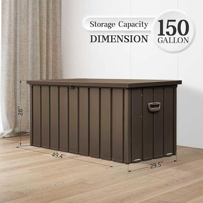 Domi 150 Gallon Deck Box, Metal Outdoor Storage Box with Lock Wheels, Waterproof Outside Storage Box for Patio Cushions