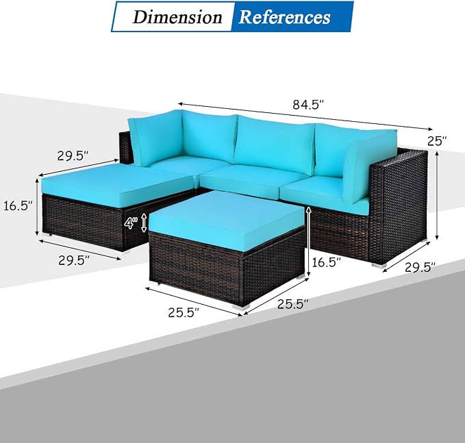 COSTWAY 5-Piece Outdoor Patio Furniture Set, PE Rattan Sectional Conversation Set with Cushions and 2 Ottomans for Garden, Deck, Backyard (Turquoise)