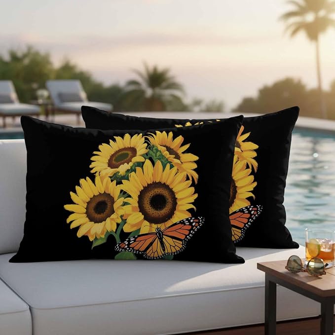 Outdoor Waterproof Throw Pillow Covers Set of 2 Watercolor Sunflower Lumbar Pillowcases 20x12 Inches Summer Floral Butterfly Decorative Pillows Cushion Case Patio Pillows for Couch Bed Chair Garden