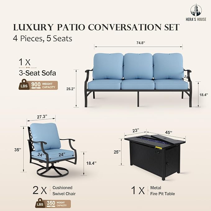 HERA'S HOUSE 4 Pieces Patio Furniture Set with Fire Pit Table, 2 x Swivel Cushioned Chair, 3-Seat Sofa with 45" Fire Pit Table, Outdoor Conversation Set for Garden, Poolside, Backyard, Blue