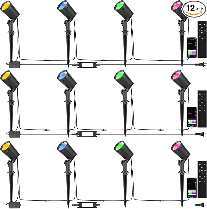 SUNTHIN 12 Pack Smart RGBW Landscape Lights, Color Changing LED Spot Lights | App & Remote Control Outdoor Yard Lighting, Compatible with Alexa & Google Home, IP65 Waterproof for Garden, Lawn, Trees