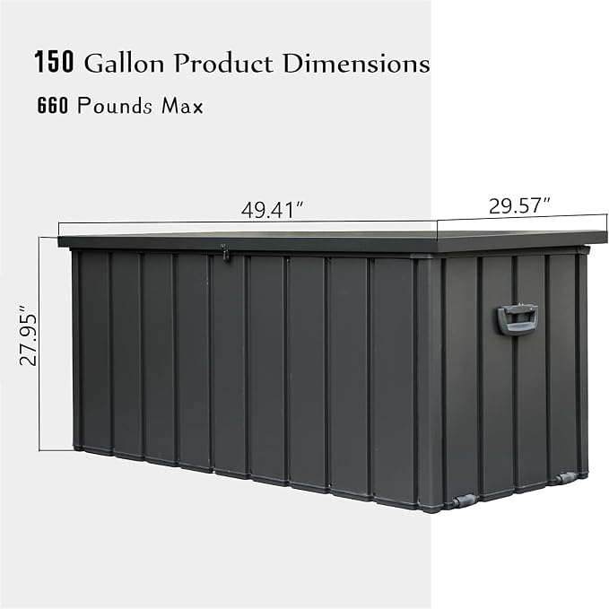 Lockable Waterproof Patio Storage Deck Box with Gas Lift Rod & Wheels, All Weather Outdoor Storage Bin for Cushions and Garden Supplies (Dark Gray, 150, Gallons)