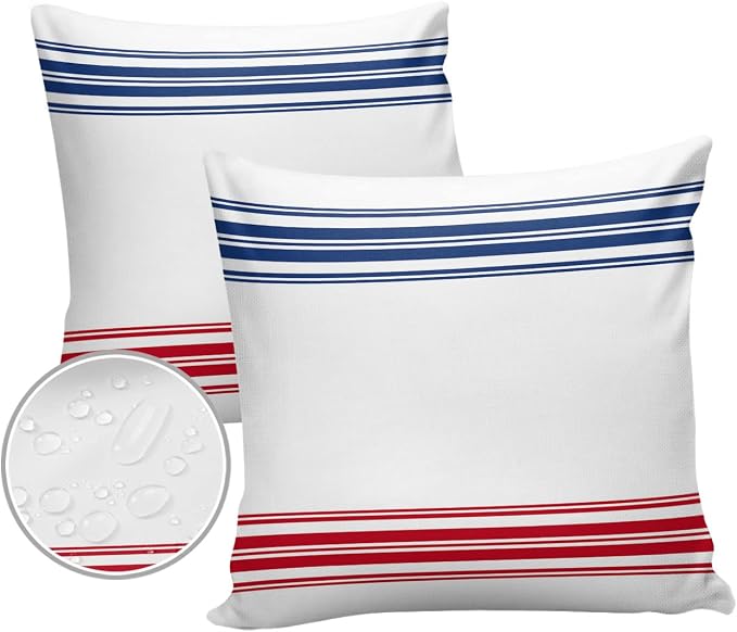 Prime Leader Outdoor Waterproof Pillow Covers Set of 2, Independence Day Flag Day Blue Red Stripe Patio Throw Pillow Covers, Decorative Cushion Case for Couch Sofa Furniture Garden, 20x20 Inch