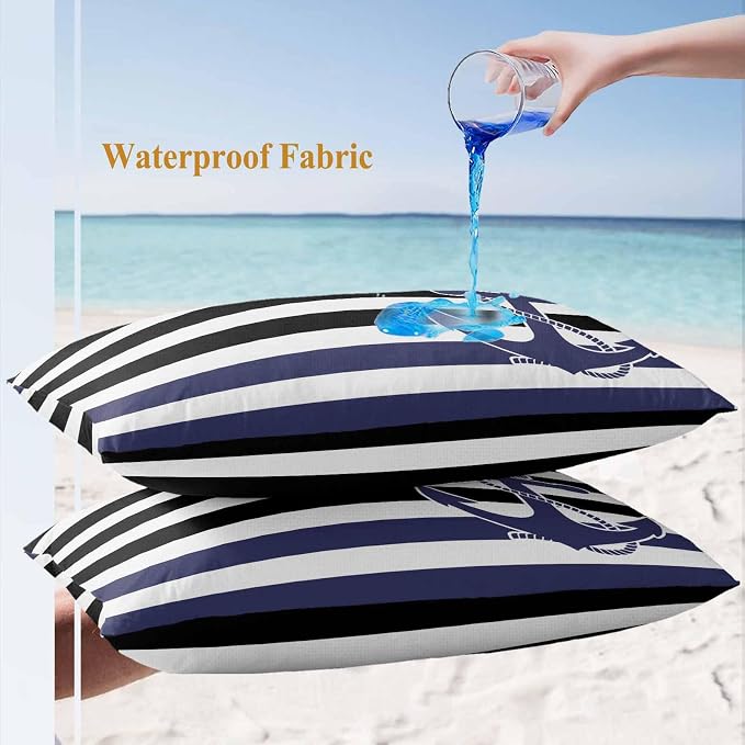 Lumbar Pillow Covers 20x12 Inch Set of 2, Anchor Black Waterproof Outdoor Cushion Covers, Modern Navy Blue White Striped Nautical Decorative Pillowcases for Couch, Sofa, Bed, Garden, Patio