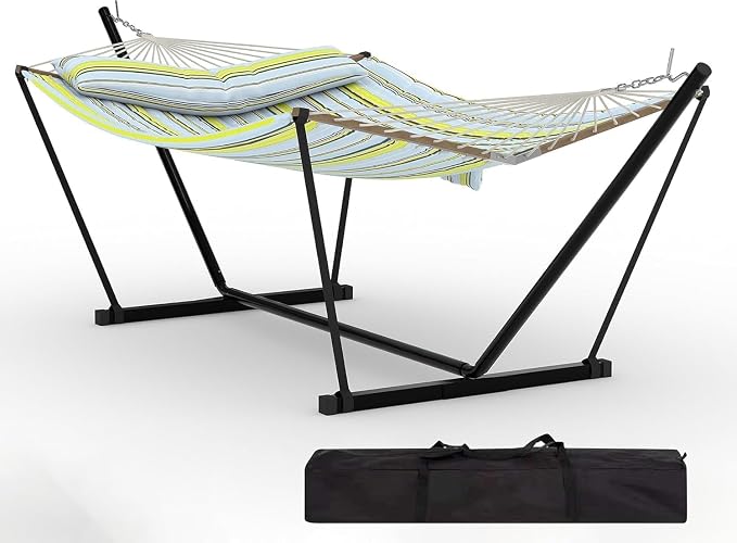 Double Hammocks with Stand for Outside, Heavy Duty Portable Outdoor Hammock with Carrying Bag & Soft Pillow & Paded, 450 LBS Weight Capacity, Perfect for Outdoor Indoor Patio Backyard Garden