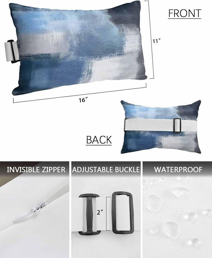 Pack of 2 Outdoor Lumbar Cushions with Inserts, Blue Grey Abstract Art Overlaid Gradient Texture Waterproof Fluffy Fade Body Pillows, Patio Furniture Pillow for Home Balcony Garden Decor 11x16IN