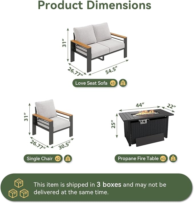 Aoxun Patio Furniture Set, Aluminum Patio Set with Fire Pit Table and 5" Thicken & Washable Cushion, Waterproof Outdoor Furniture, Outdoor Couch Sectional for Backyard (4 Seats/F, Grey)