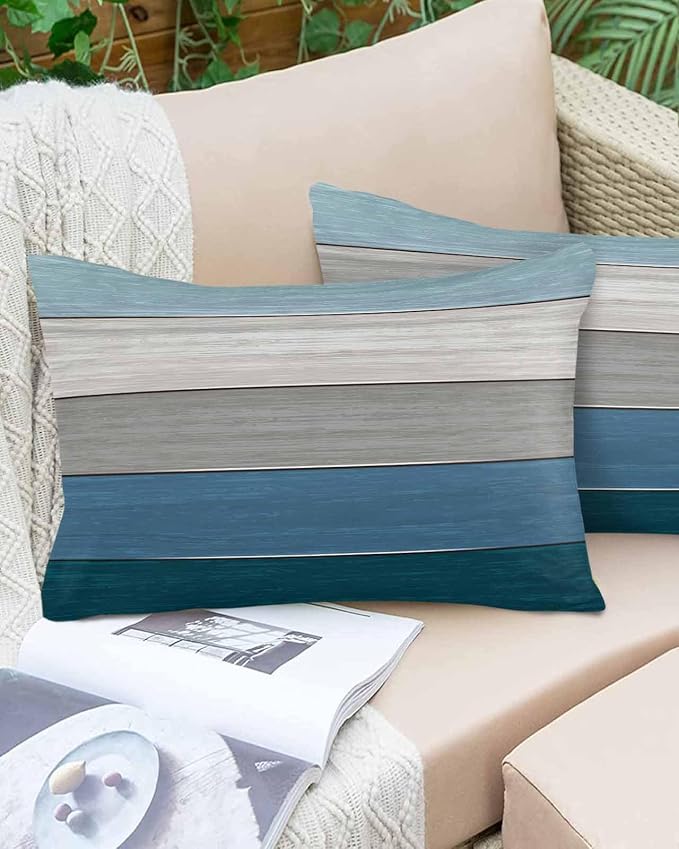 Outdoor Throw Pillow Covers 12X20 Set of 2 Waterproof Ombre Blue Gray Decorative Zippered Cushion Covers for Patio Furniture, Farmhouse Retro Rustic Barn Wood Texture Lumbar Pillowcases Ocean Hues