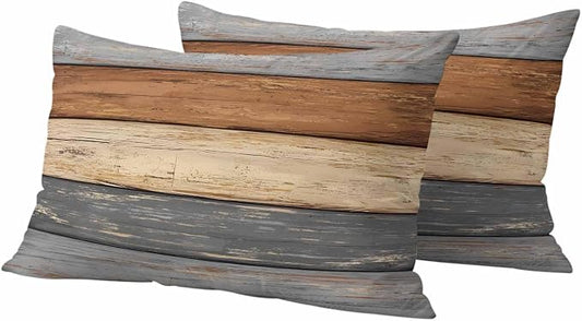 Farmhouse Haze Blue Brown Outdoor Waterproof Pillow Covers, Vintage Wooden Striped Decorative Rectangle Throw Pillowcase Sofa Cushion Sham for Patio/Couch/Chair, 20"x12" 2 Pack