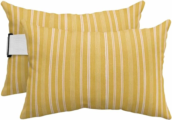Pack of 2 Outdoor Lumbar Pillow Covers 11x16 Inch, Yellow Striped Waterproof Throw Pillow Covers Set, Farmhouse Stripes Modern Vintage Indoor&Outdoor Decorative Cushion Cases for Patio Porch Car
