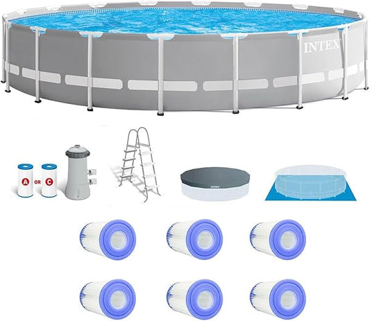 Intex 26731EH 18ft x 48in Outdoor Prism Frame Above Ground Swimming Pool Set with Cover, Ladder, Filter Pump, and 6 Replacement Filters, Gray