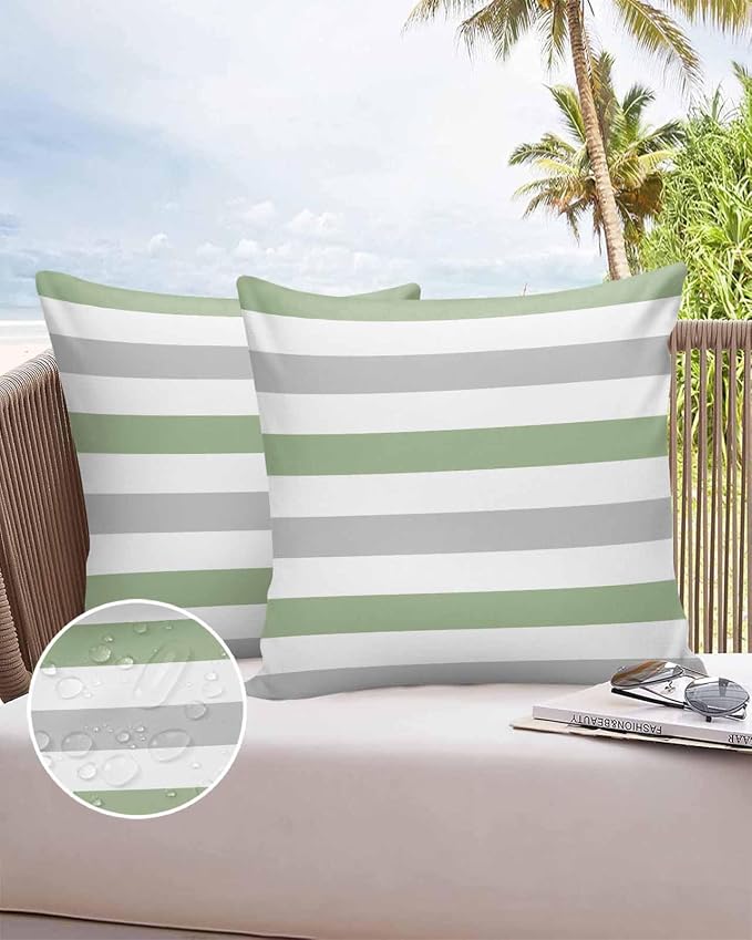 Outdoor Waterproof Throw Pillow Covers 16x16Inch, Spring Stripes Sage Green Cushions for Garden Patio Furniture Chairs Set of 2, Grey Home Decor Couch Sofa Polyester Pillow Cases