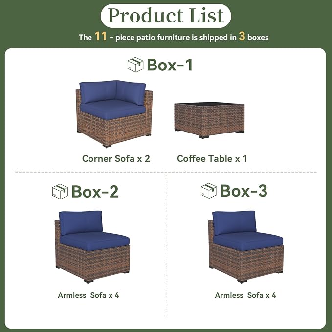 Aoxun 11 Piece Patio Furniture Set Wicker Rattan Patio Conversation Set Outdoor Sectional Sofa Set with Coffee Table and 4” Thickened Cushions, Blue