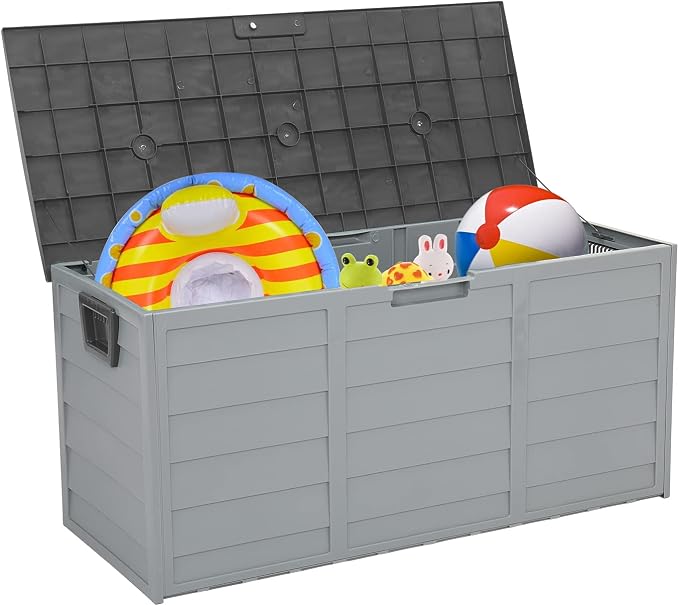75 Gallon Grey Outdoor Storage Deck Box, 260L Waterproof UV Resistant Plastic Patio Storage Bin with Wheels & Lockable Lid, Weatherproof Container for Cushions Tools Toys