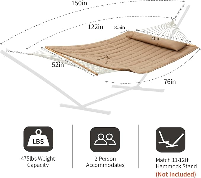 CHULIM Outdoor Double Hammock with Hardwood Spreader Bars, Large Rope Hammock with Polyester Pad and Pillow, 475 LBS Capacity for 2 Person Patio Backyard Poolside - Tan