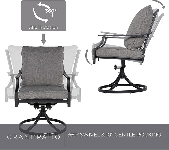 Grand patio Dining Chairs Set of 2，Outdoor Swivel Patio Dining Chairs Set of 2，Swivel Rocker Dining Chair，Outdoor Dining Chairs with Grey Cushions, Patio Chairs for Outside, Garden Lawn Porch