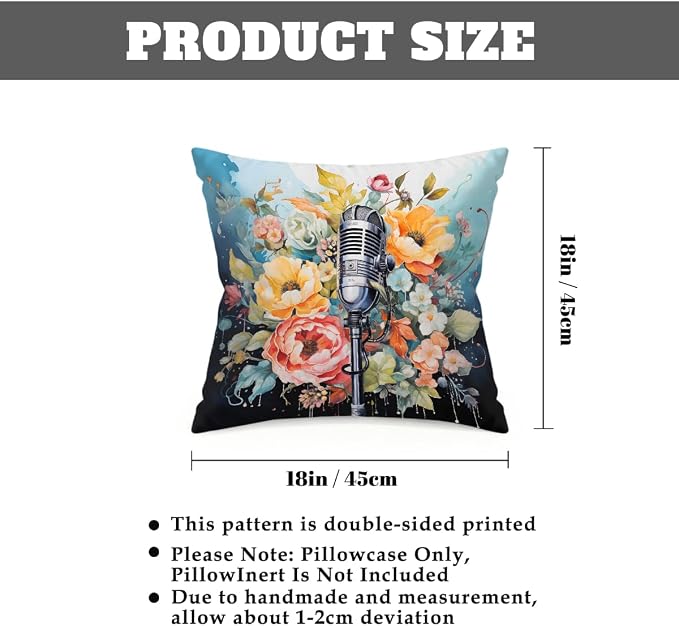 18x18 Inch Outdoor Pillow Covers Set of 2 Waterproof Throw Pillow Covers Decorative Couch Cushion Covers Microphone Floral Square Pillowcases Protectors for Patio Garden Sofa
