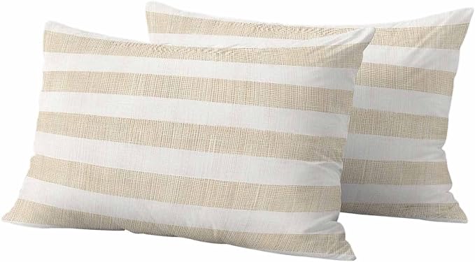 Vintage Linen Outdoor Waterproof Throw Pillow Covers Set of 2, 20"x12", Striped Beige Theme Farmhouse Decorative Pillow Covers Outside Cushion Case for Patio Porch Garden