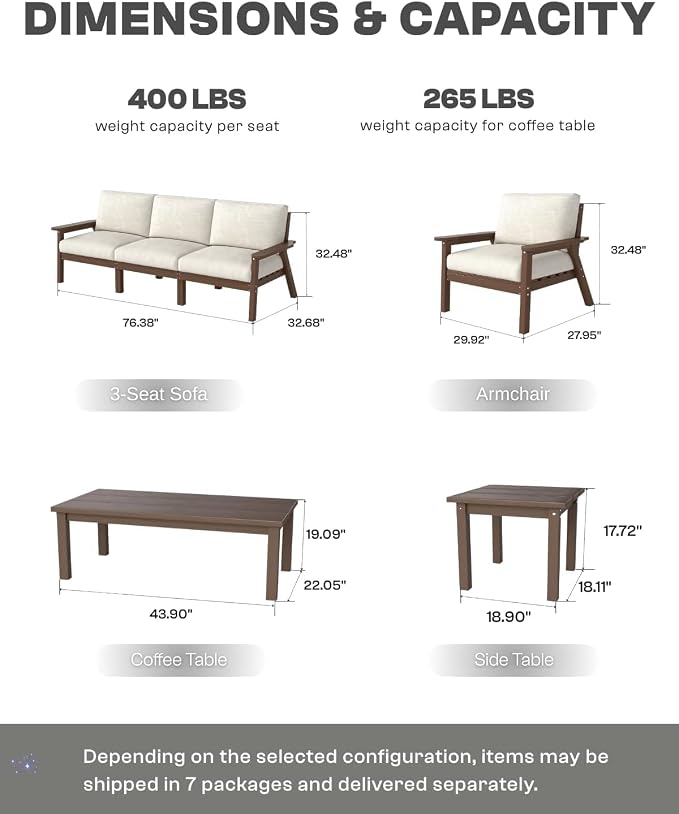 HDPE Patio Furniture Set 8 Seats, Outdoor Couch with Washable Thick Beige Cushions & Side Table, Outdoor Sectional Furniture for Backyard, Deck, Lawn, Porch (Brown Frame)