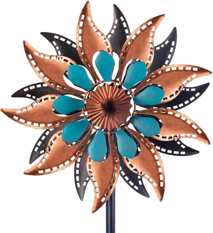 VEWOGARDEN Metal Wind Spinners Outdoor Kinetic Flower Wind Spinner for Outdoor Garden Lawn Patio Decorations, Antique Bronze & Blue