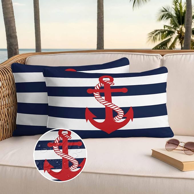 Nautical Anchor Outdoor Waterproof Throw Pillow Covers Set of 2, 20"x12", Coastal Navy Blue Stripe Decorative Pillow Covers Outside Cushion Case for Patio Porch Garden